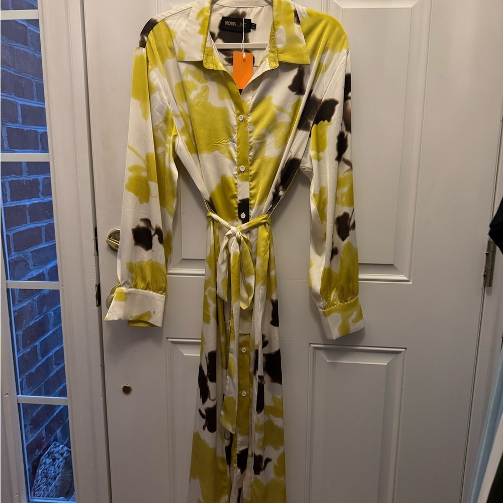 Fashion Nova Yellow and Brown Button-Up Dress